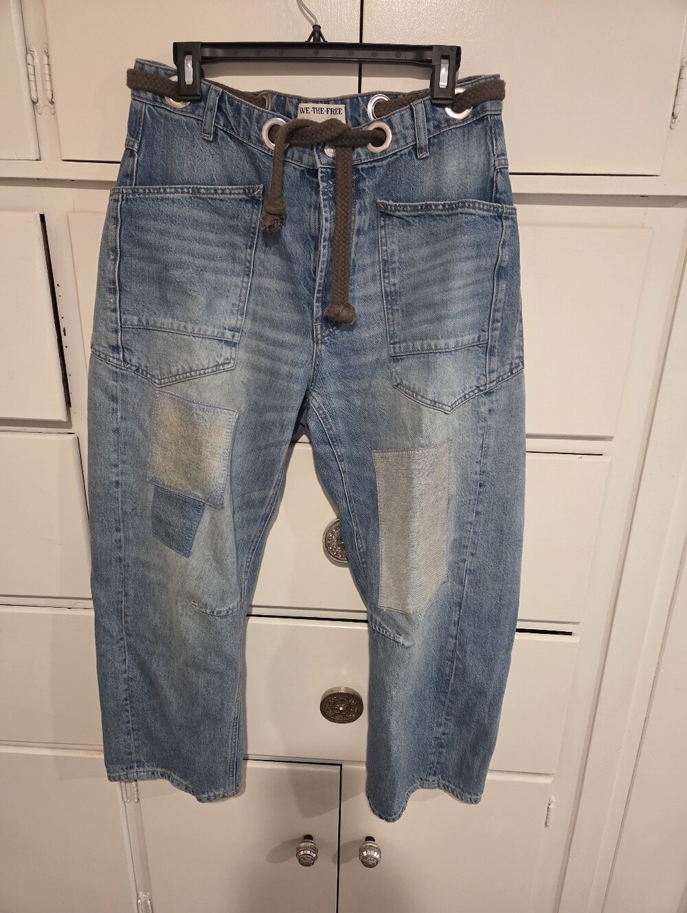 Free People Denim Patchwork Drawstring Jeans - Blue